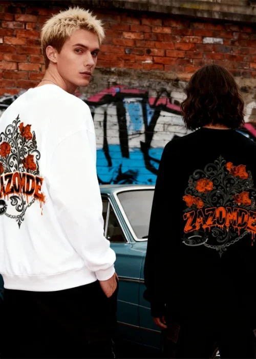 ZAZOMDE Cotton Sweatshirt With Dark Floral Skull Print Round Neck Pullover Unisex Gothic Style Top For Casual Outfit And Party