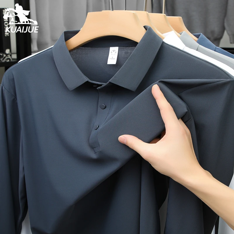 Men's high quality summer new lapel men's short long sleeve polo shirt Embroidery solid color business casual men's polo shirt - Image 2