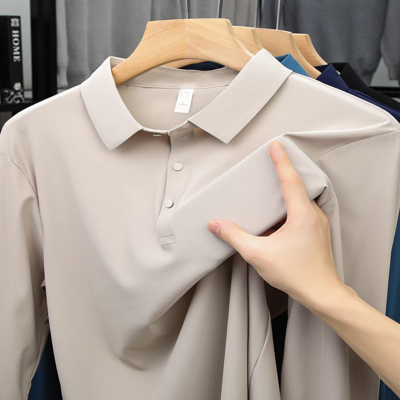 Men's high quality summer new lapel men's short long sleeve polo shirt Embroidery solid color business casual men's polo shirt - Image 4