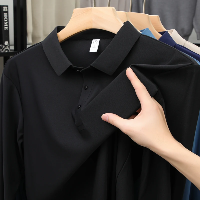 Men's high quality summer new lapel men's short long sleeve polo shirt Embroidery solid color business casual men's polo shirt - Image 3