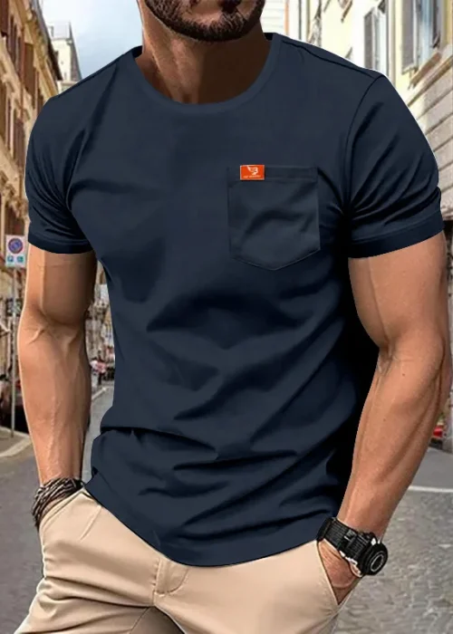 New Men's Large Size Solid Color Round Neck T-shirt Fashionable Casual Pocket Slim Short-sleeved Top