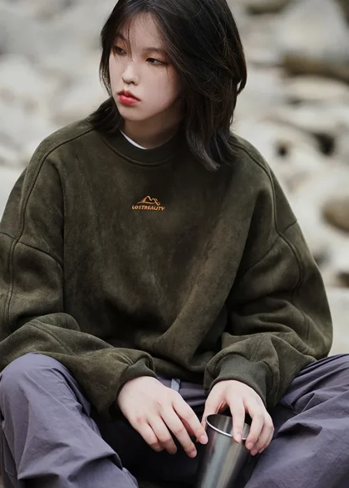 Heavyweight 350g Men's Suede Fleece Sweatshirt, Vintage Crewneck Sweatshirt, Outdoor Oversized Sweatshirts Man