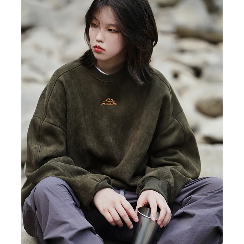 Heavyweight 350g Men's Suede Fleece Sweatshirt, Vintage Crewneck Sweatshirt, Outdoor Oversized Sweatshirts Man