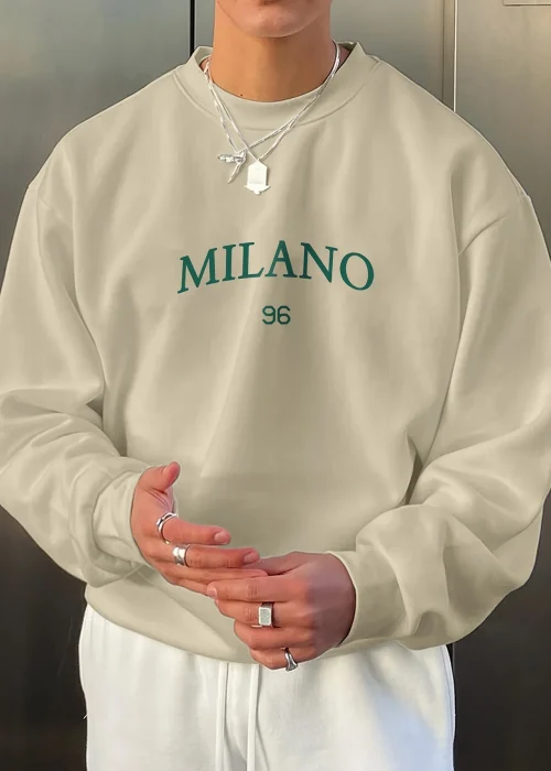 Men's autumn and winter fashionable casual loose MILANO 96 print fleece pullover long sleeved round neck sweatshirt