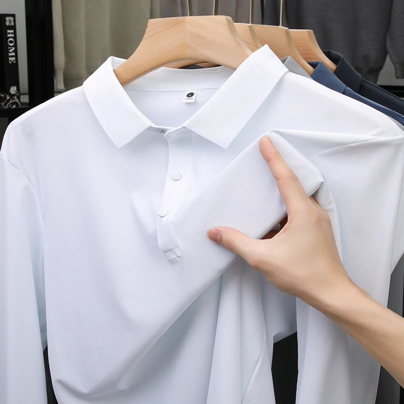 Men's high quality summer new lapel men's short long sleeve polo shirt Embroidery solid color business casual men's polo shirt - Image 5