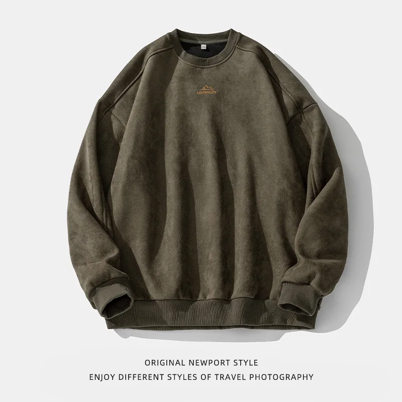 Heavyweight 350g Men's Suede Fleece Sweatshirt, Vintage Crewneck Sweatshirt, Outdoor Oversized Sweatshirts Man - Image 4