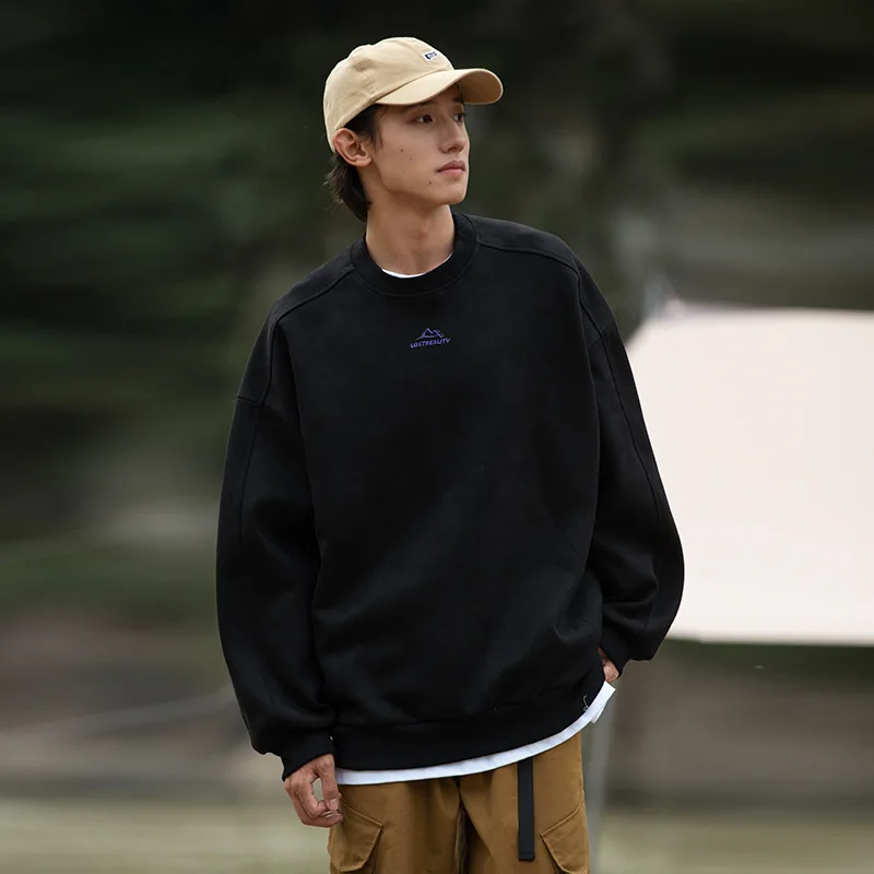 Heavyweight 350g Men's Suede Fleece Sweatshirt, Vintage Crewneck Sweatshirt, Outdoor Oversized Sweatshirts Man - Image 2