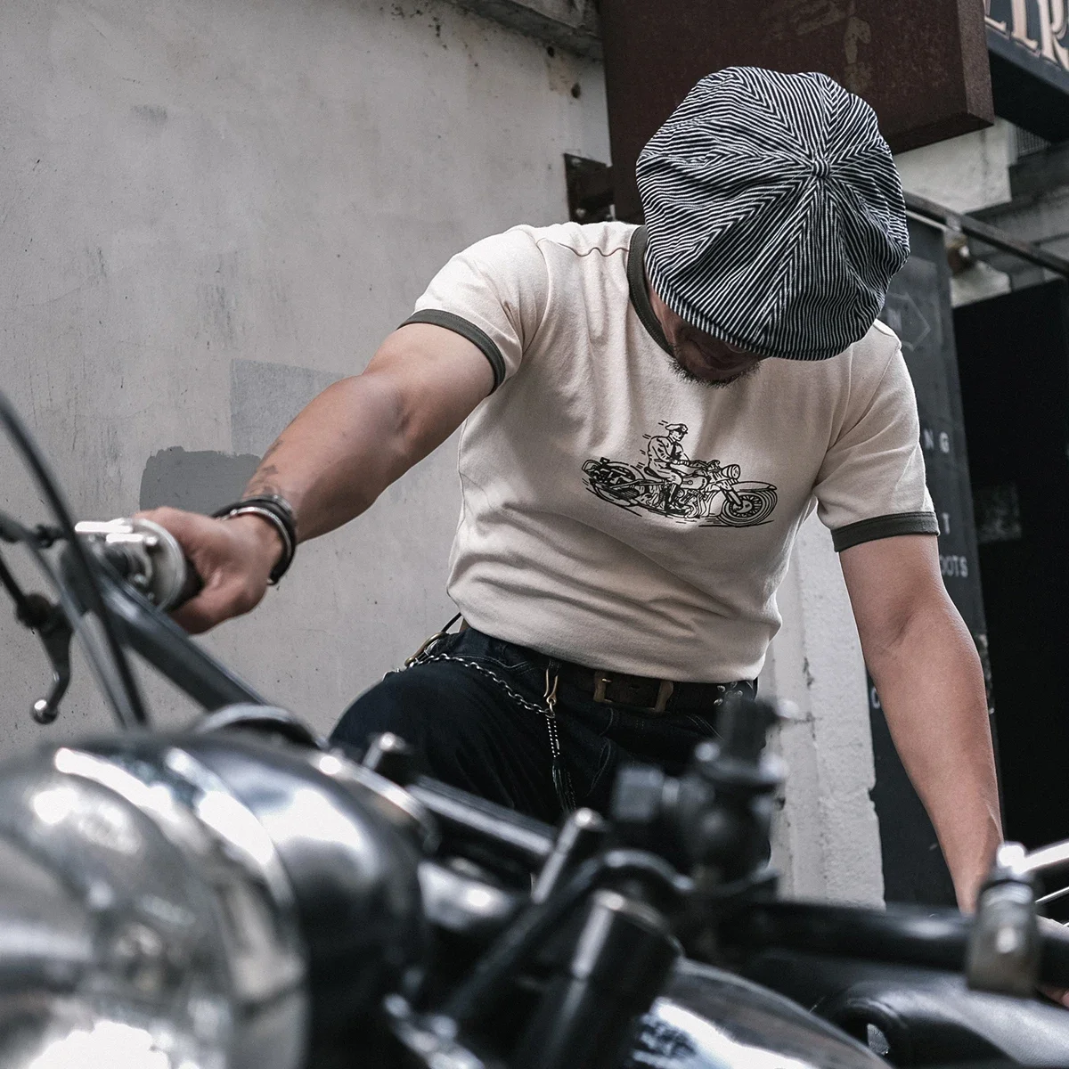 Non Stock Rider Ringer T-Shirt Motorcycle Graphic Mens Short Sleeve Tee Slim Fit - Image 3